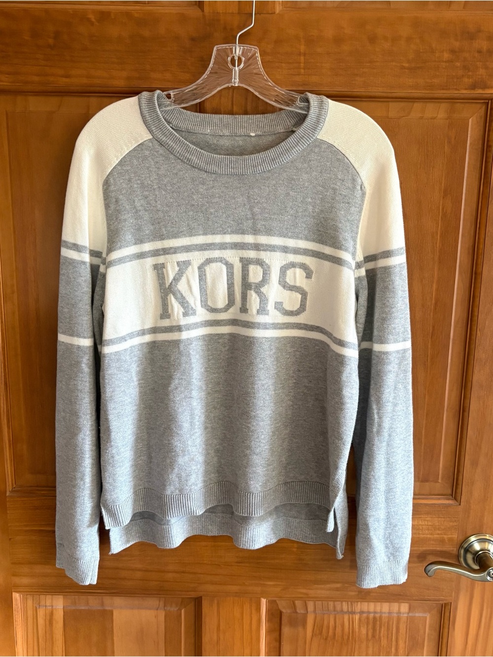 Michael Kors Light Gray & White KORS Logo Crewneck Sweater, Women's Size M,